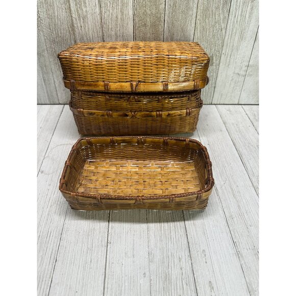 Vintage Woven Rattan Wicker Picnic Basket Storage Decor No Handles 7.5" x 4" - Picture 7 of 16